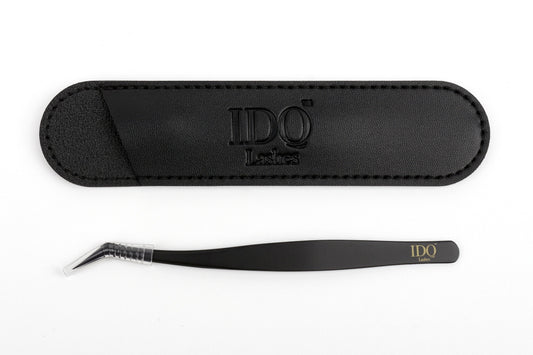 Black tweezers with leather case on a white background, featuring the 'IDO' brand.