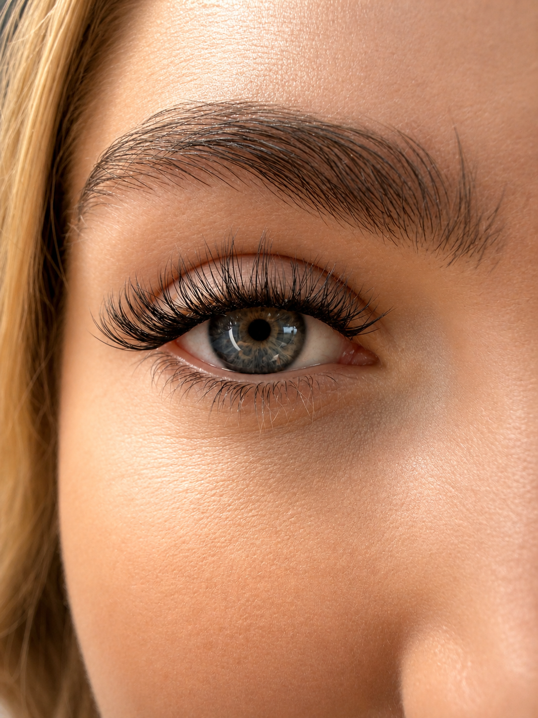 Close-up of a woman's eye with detailed eyelashes and eyebrow.