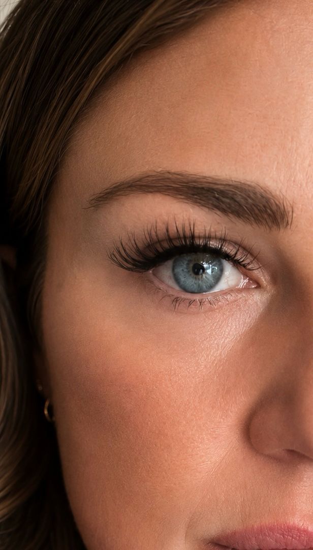 Close-up of a woman's face with blue eyes and brown hair wearing False Eyelashes